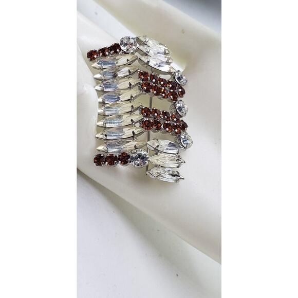 Vintage Rhinestone Brooch Shoulder Pin Clear & Topaz Silver Toned Abstract - Picture 15 of 15